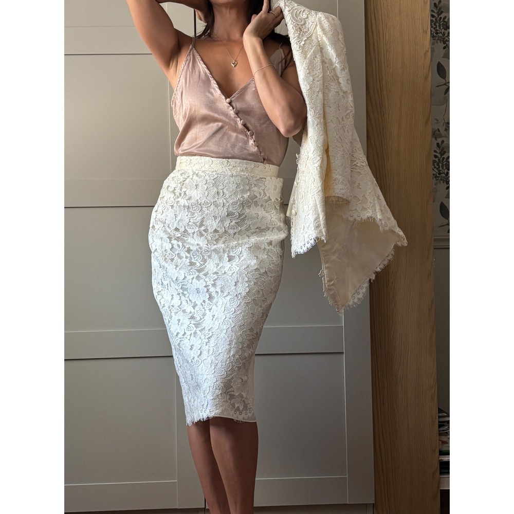 Vintage Cachet by Bari Protas Lace Skirt Suit Set Ivory Regency 90s Size 11/12